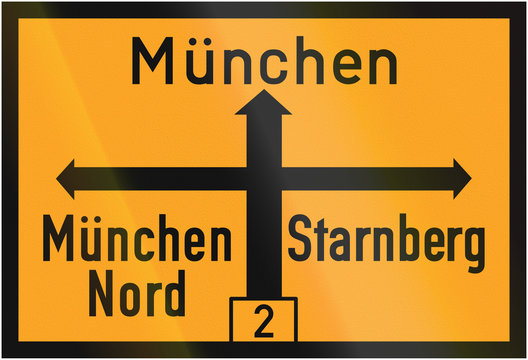 Old design (1936) of a German direction sign on a federal road showing the way to Munich and Starnberg. Nord means north
