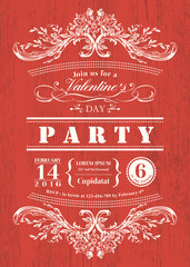 Wall Mural - Valentine's day card party invitation with vintage frame