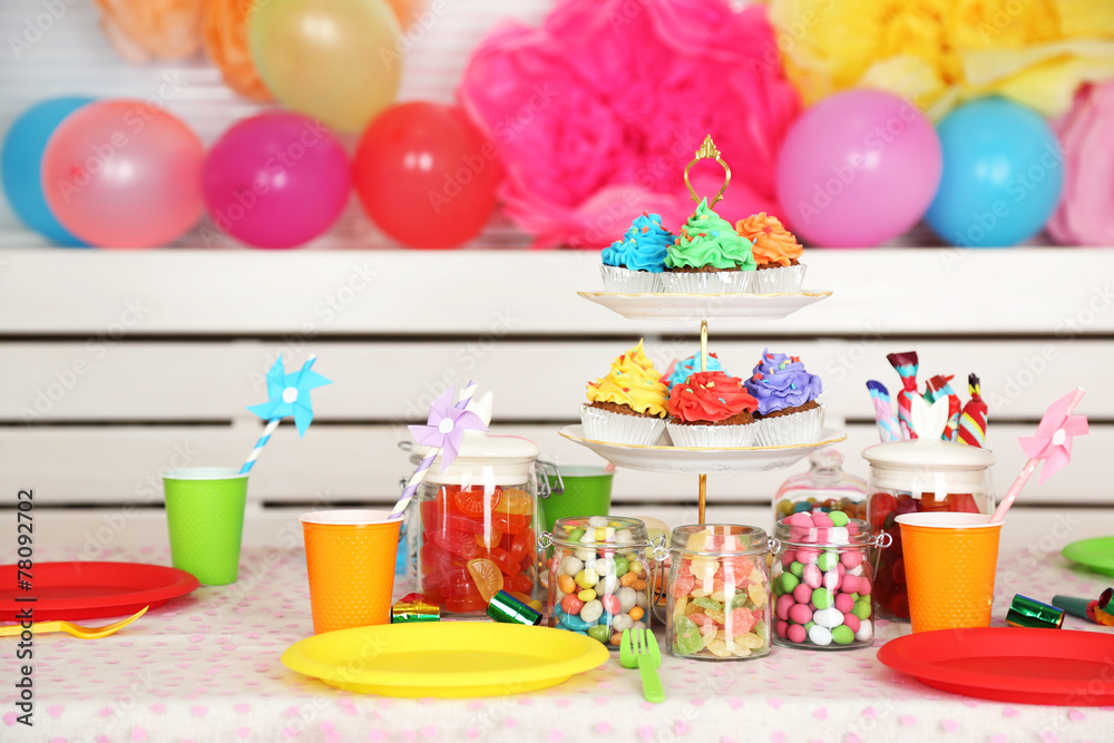 Prepared birthday table with sweets for children party