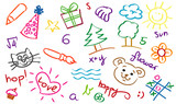 Fototapeta  - Children's drawings of kids, animals, nature, objects