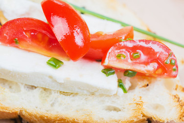 close up traditional Spanish tapas with cheese and tomatoes on a