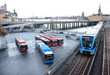 Subway trains crossing bridge in central Stockholm