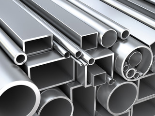 Metal round pipes and square tubes at warehouse