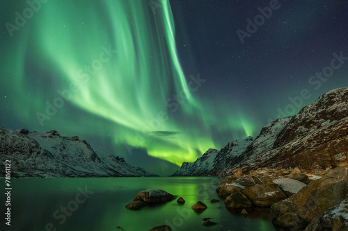 Aurora Borealis reflected between two fjords in Tromsø Poster