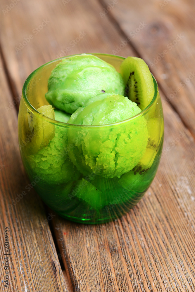 Delicious ice cream on table close-up
