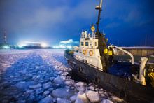 The Icebreaker Ship Trapped In Ice Tries To Break And Leave The 