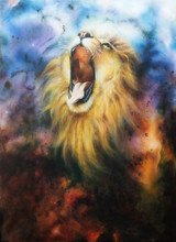  Airbrush Painting Of A Roaring Lion On A Abstract Cosmical Back