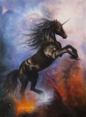 black unicorn dancing in space