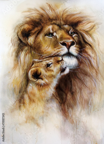 Naklejka dekoracyjna beautiful airbrush painting of a loving lion and her baby cub