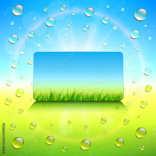 Sunny background, with vector grass and dews water drops.
