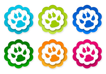 Wall Mural - set of colorful stickers icons with pet footprints symbol