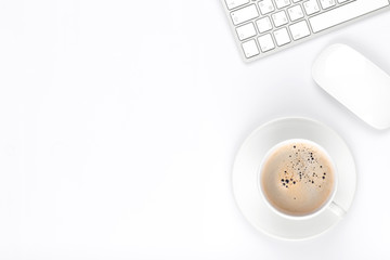 Office desk table with computer and coffee cup