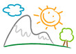 drawing children with mountains, sun and tree