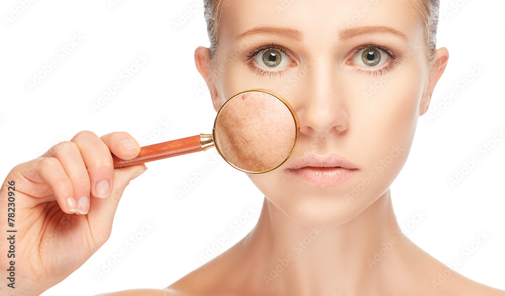 concept skincare. Skin of woman with magnifier before and after - obrazy, fototapety, plakaty 