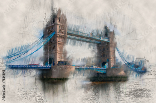 Naklejka - mata magnetyczna na lodówkę Paint effect vintage view of London Tower Bridge