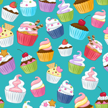 Seamless Cupcakes Pattern. Colorful Background.