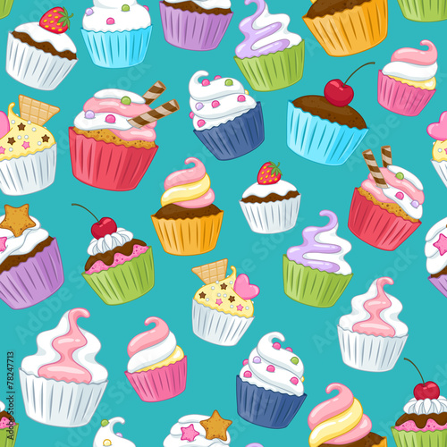 Seamless cupcakes pattern. Colorful background. Poster