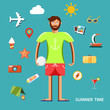 Summertime vector illustration with character and icons set.