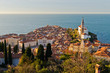 Panoramic view of adriatic sea and city of Piran in Istria