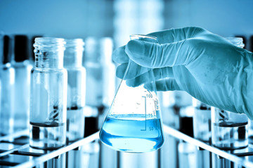 Wall Mural - flask in scientist hand with laboratory background