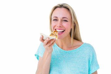 Poster - Smiling blonde eating slice of pizza
