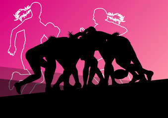 Wall Mural - Rugby player active young women sport silhouettes abstract backg