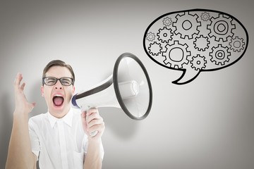 Poster - Composite image of geeky businessman shouting through megaphone