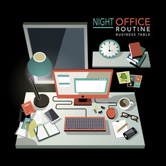 Wall Mural - flat 3d isometric night office routine illustration