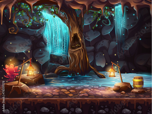 Fotografia, Obraz Cave with a waterfall and a magic tree and barrel of gold