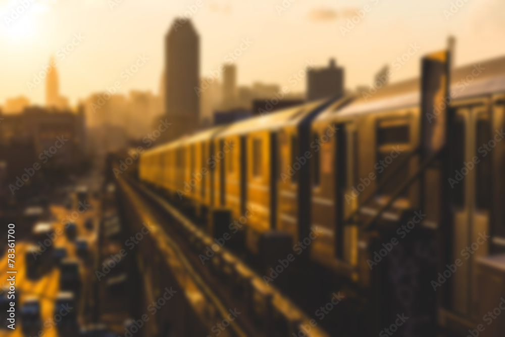 Subway Train in New York at Sunset. Blurred Background. - obrazy, fototapety, plakaty 