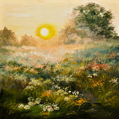 oil painting - sunrise in the field, art work
