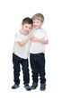 twins, one embraces another, isolated on the white