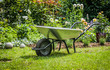 Wheelbarrow on the front of flower bed .