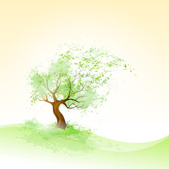 Poster - green tree with leaves blowing wind and brown bark vector
