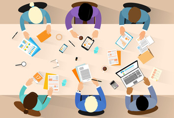 Poster - Business people workplace top angle above view sitting at office