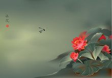 Japanese Lotus Flower And Dragonfly