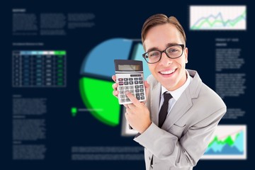 Poster - Composite image of geeky smiling businessman showing calculator