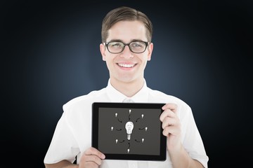 Poster - Composite image of geeky businessman showing his tablet pc