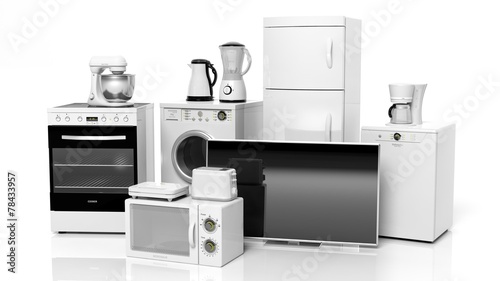 Fotografía Group of home appliances isolated on white background.