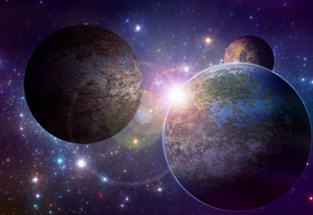 Wall Mural - alien planet with rising sun on stars background