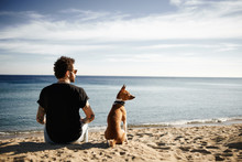 Caucasian Man In Sunglasses Sitting In Beach With Friend’s Dog