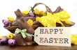 Easter chocolate hamper of eggs and bunny rabbits basket.