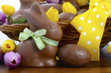 Easter Chocolate Hamper Of Eggs And Bunny Rabbits Basket.