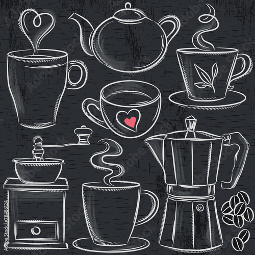 Obraz w ramie set cup of hot drink on blackboard, vector