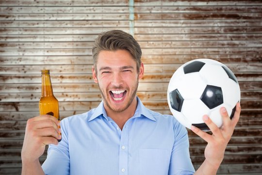 Composite image of handsome young man holding ball and beer