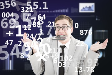 Poster - Composite image of geeky shrugging businessman biting calculator