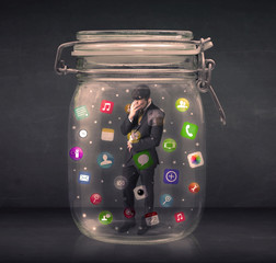 Poster - Businessman captured in a glass jar with colourful app icons con