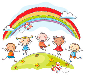 Leinwandbilder - Kids jumping with joy underneath a rainbow