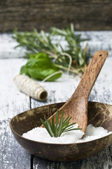 Wall Mural - sea salt with herbs: basil and rosemary