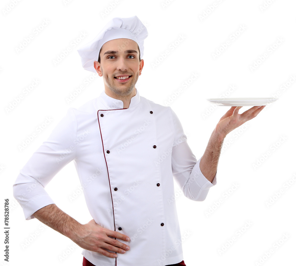 Chef with empty plate in hand isolated on white